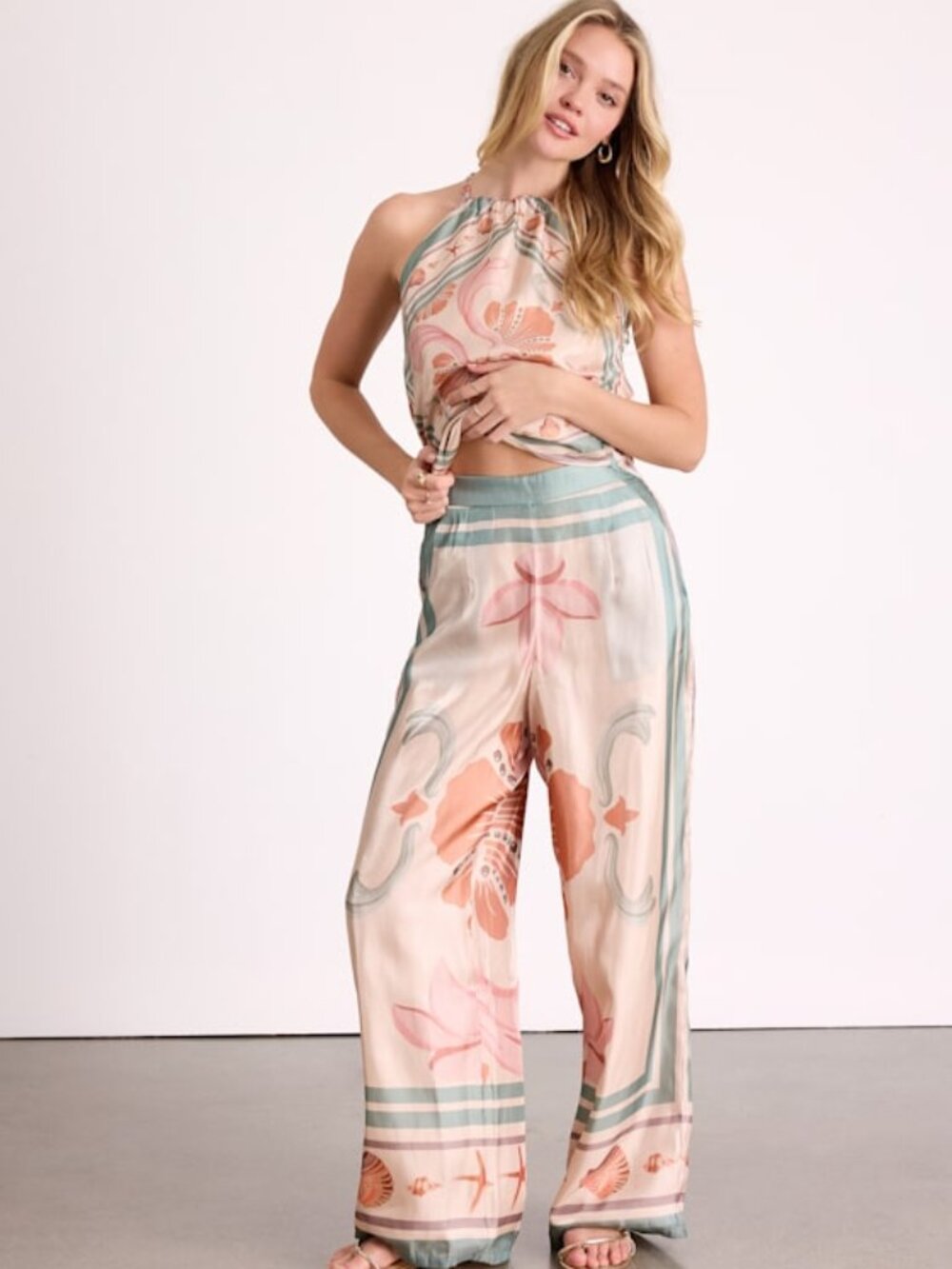 Lulus Dreya Beige Multi Boho Print Satin Wide-leg Pants - Size S